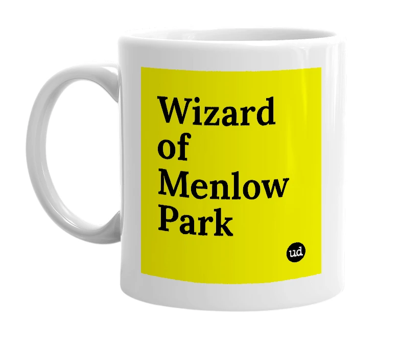 White mug with 'Wizard of Menlow Park' in bold black letters