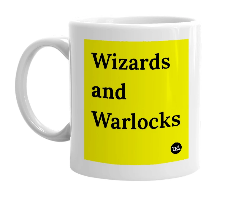 White mug with 'Wizards and Warlocks' in bold black letters