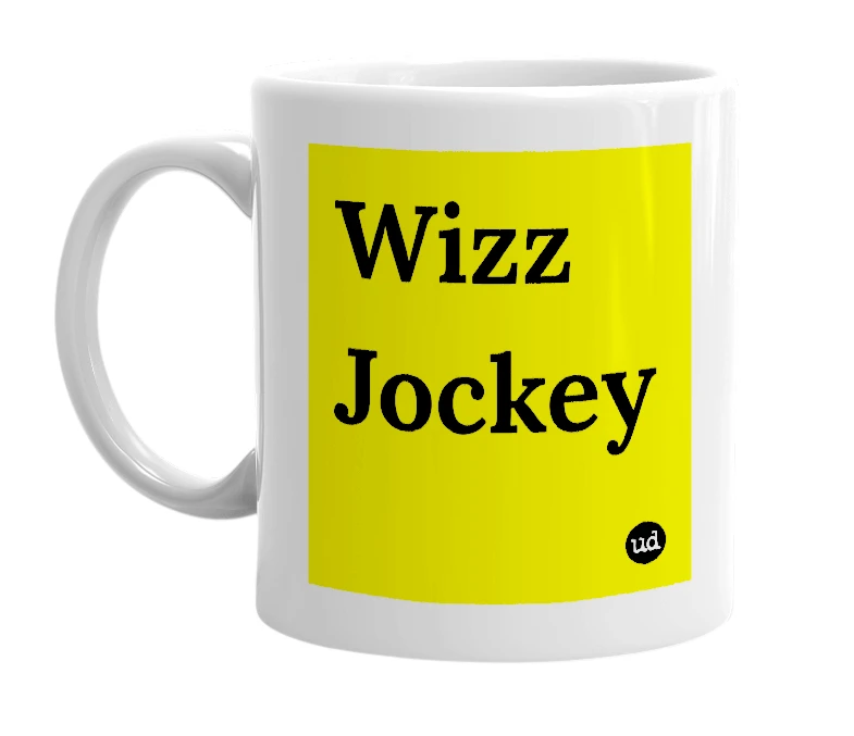 White mug with 'Wizz Jockey' in bold black letters