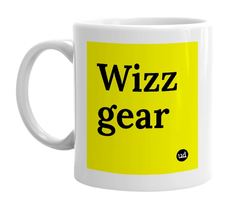 White mug with 'Wizz gear' in bold black letters