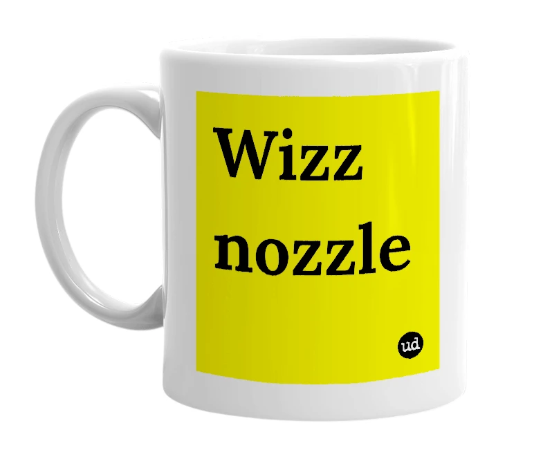 White mug with 'Wizz nozzle' in bold black letters