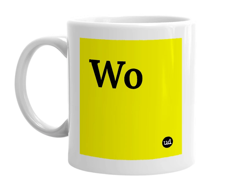 White mug with 'Wo' in bold black letters