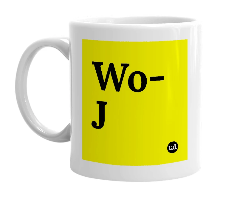 White mug with 'Wo-J' in bold black letters