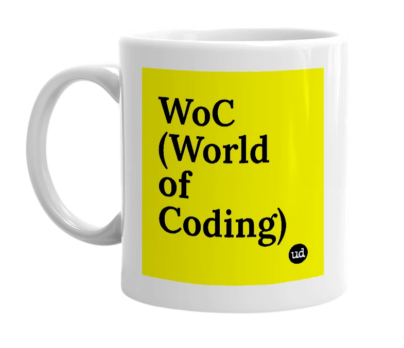 White mug with 'WoC (World of Coding)' in bold black letters