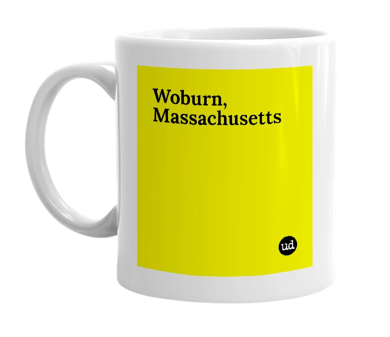 White mug with 'Woburn, Massachusetts' in bold black letters