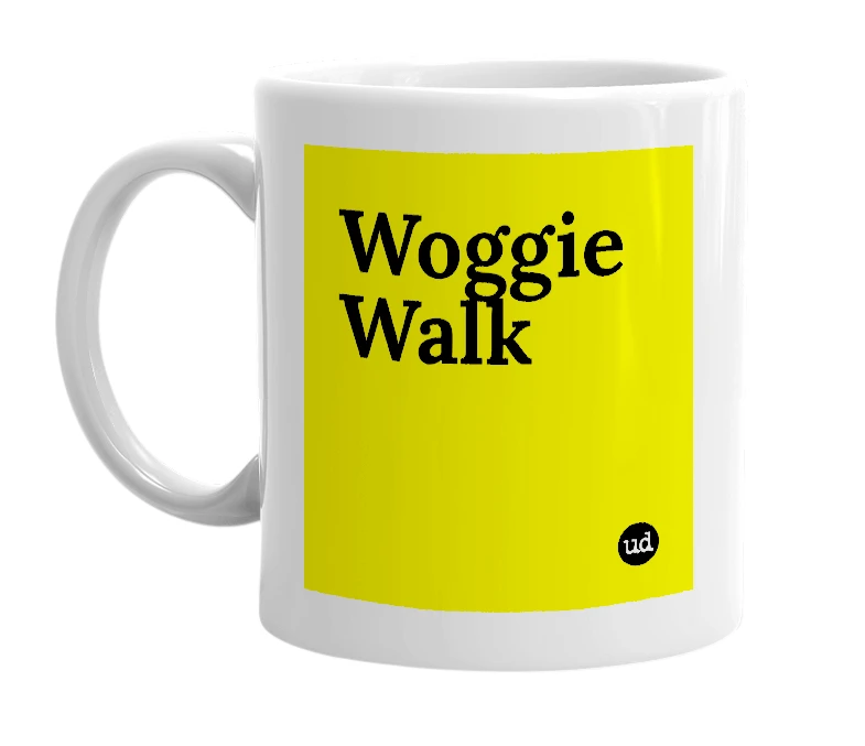 White mug with 'Woggie Walk' in bold black letters