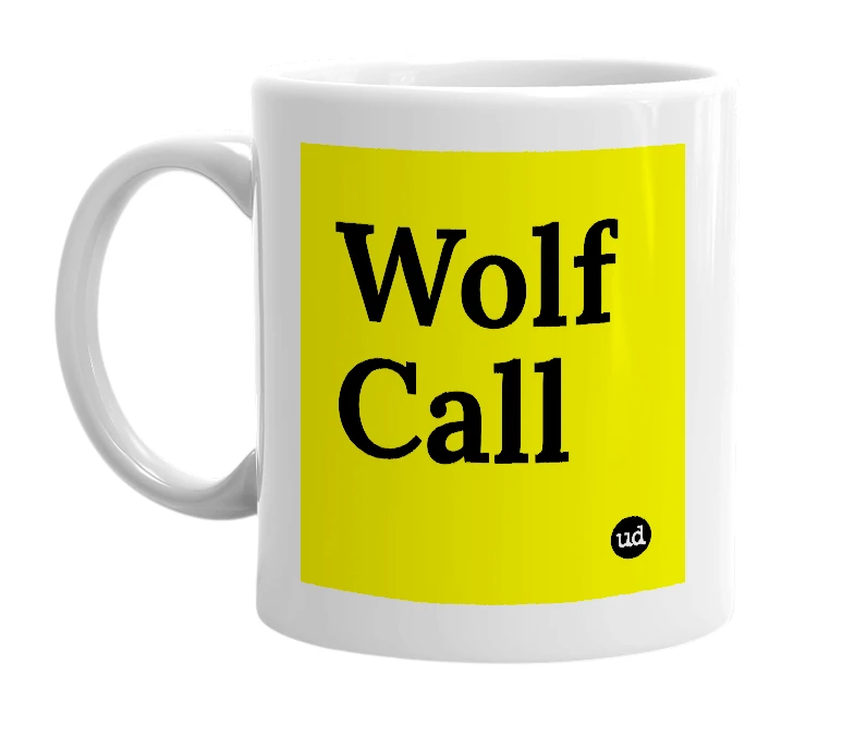 White mug with 'Wolf Call' in bold black letters
