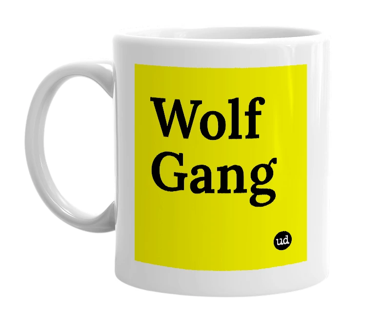 White mug with 'Wolf Gang' in bold black letters