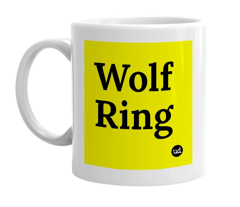 White mug with 'Wolf Ring' in bold black letters