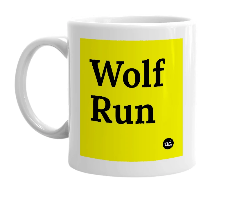 White mug with 'Wolf Run' in bold black letters