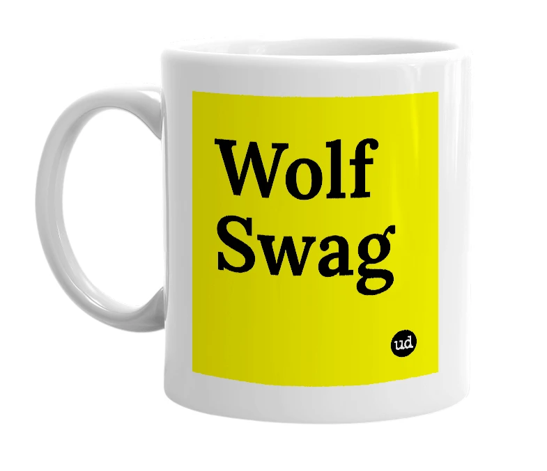 White mug with 'Wolf Swag' in bold black letters