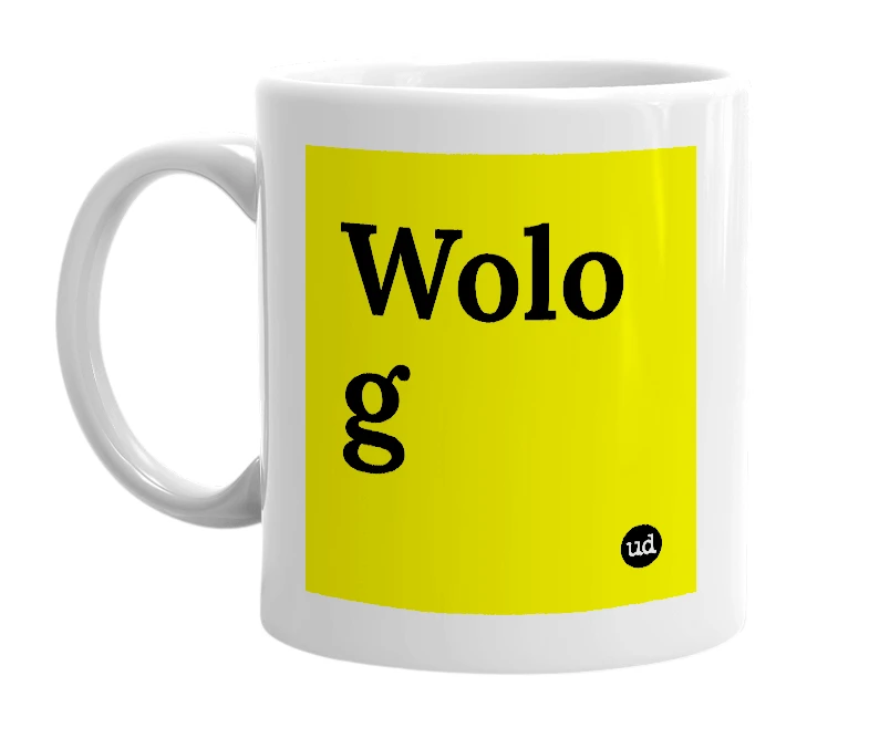 White mug with 'Wolo g' in bold black letters