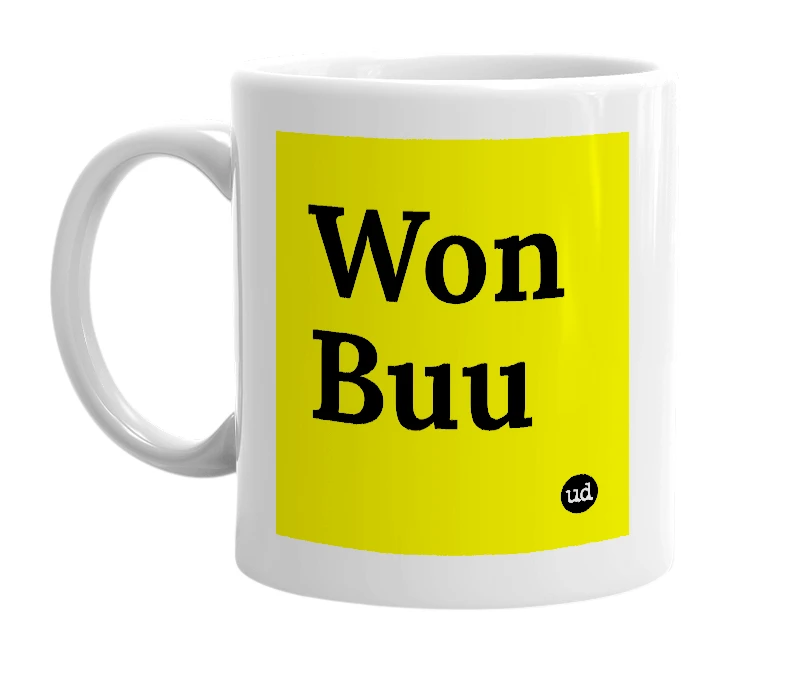 White mug with 'Won Buu' in bold black letters