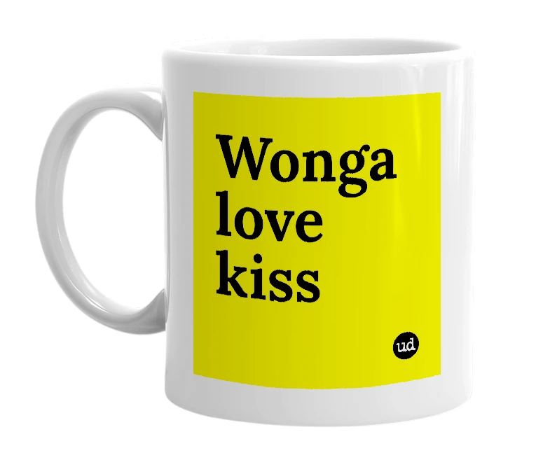 White mug with 'Wonga love kiss' in bold black letters