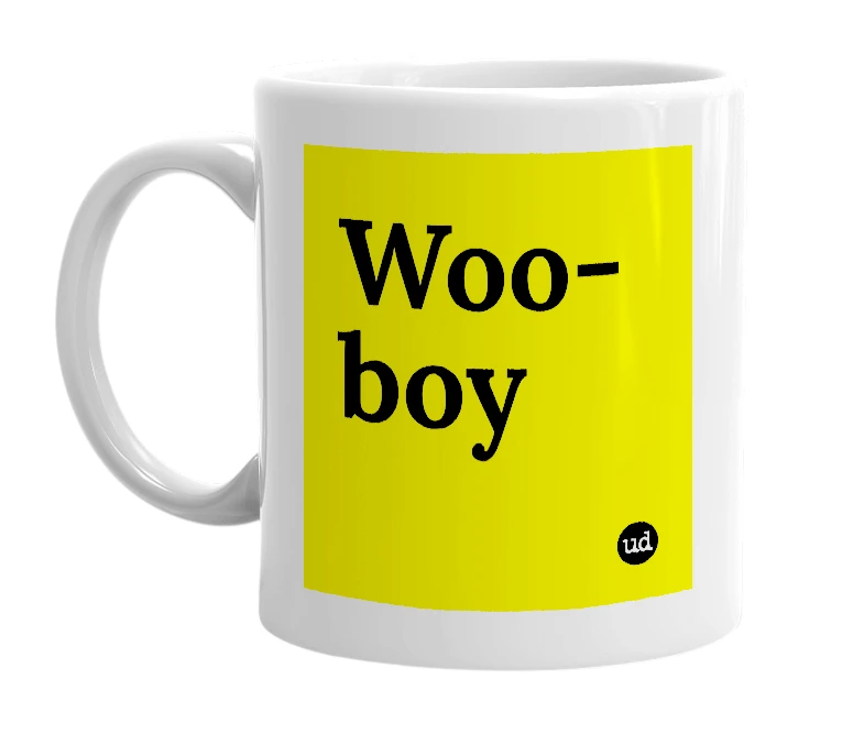 White mug with 'Woo-boy' in bold black letters