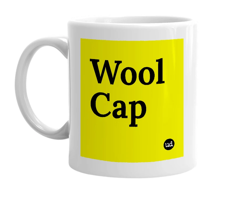 White mug with 'Wool Cap' in bold black letters