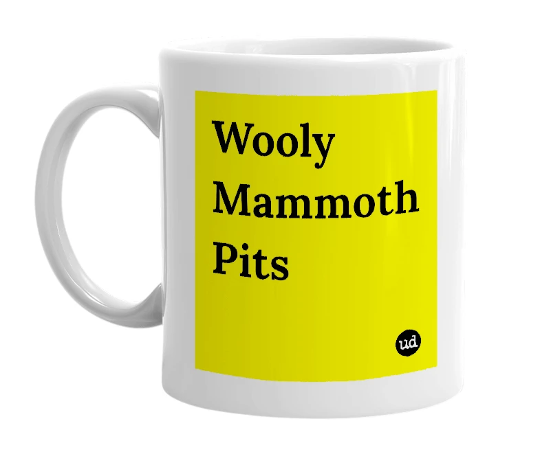 White mug with 'Wooly Mammoth Pits' in bold black letters