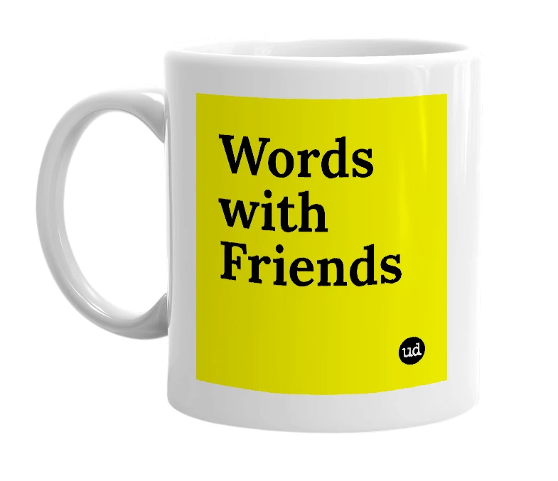 White mug with 'Words with Friends' in bold black letters