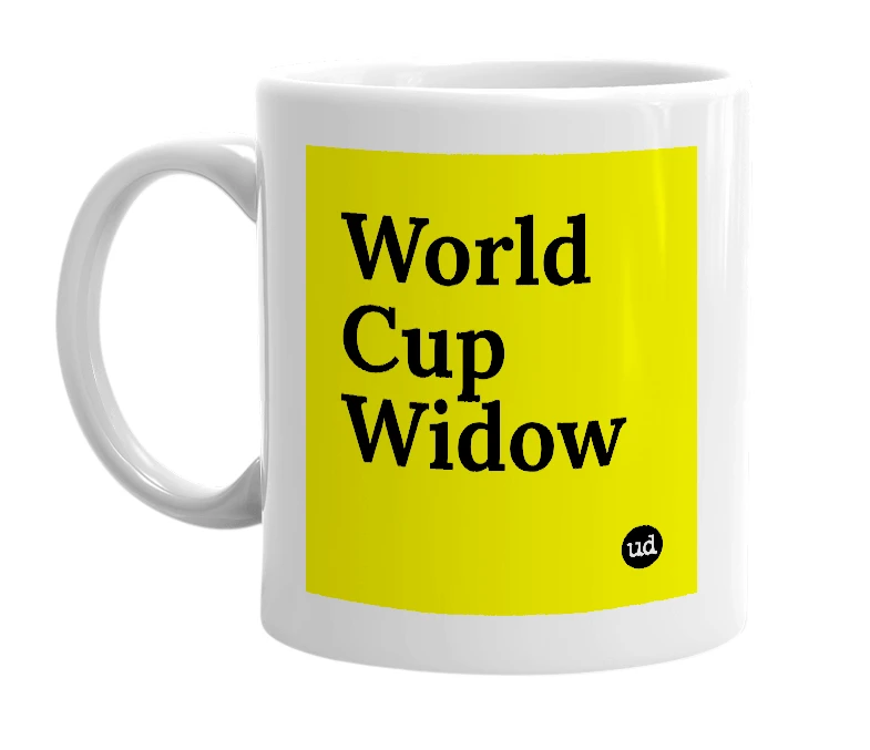 White mug with 'World Cup Widow' in bold black letters