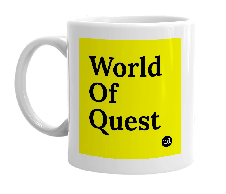 White mug with 'World Of Quest' in bold black letters