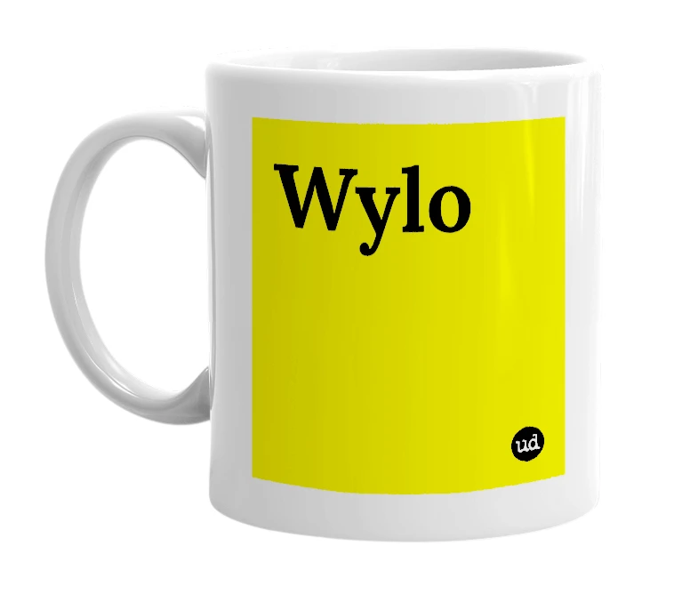 White mug with 'Wylo' in bold black letters