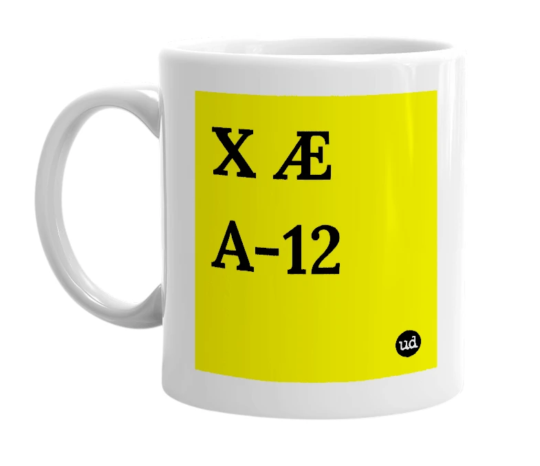 White mug with 'X Æ A-12' in bold black letters