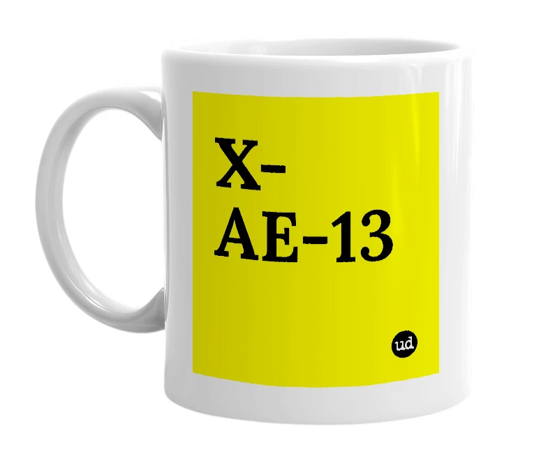 White mug with 'X-AE-13' in bold black letters