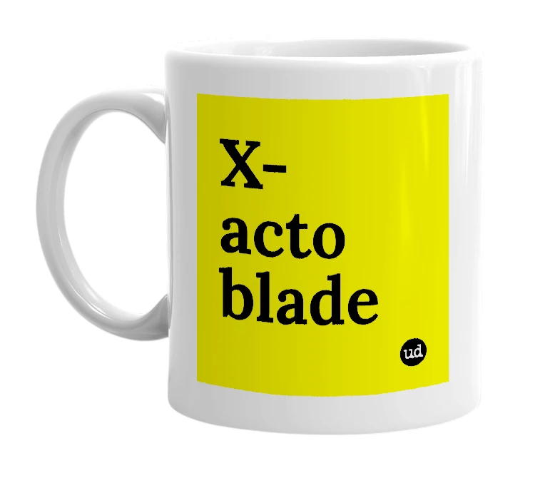 White mug with 'X-acto blade' in bold black letters