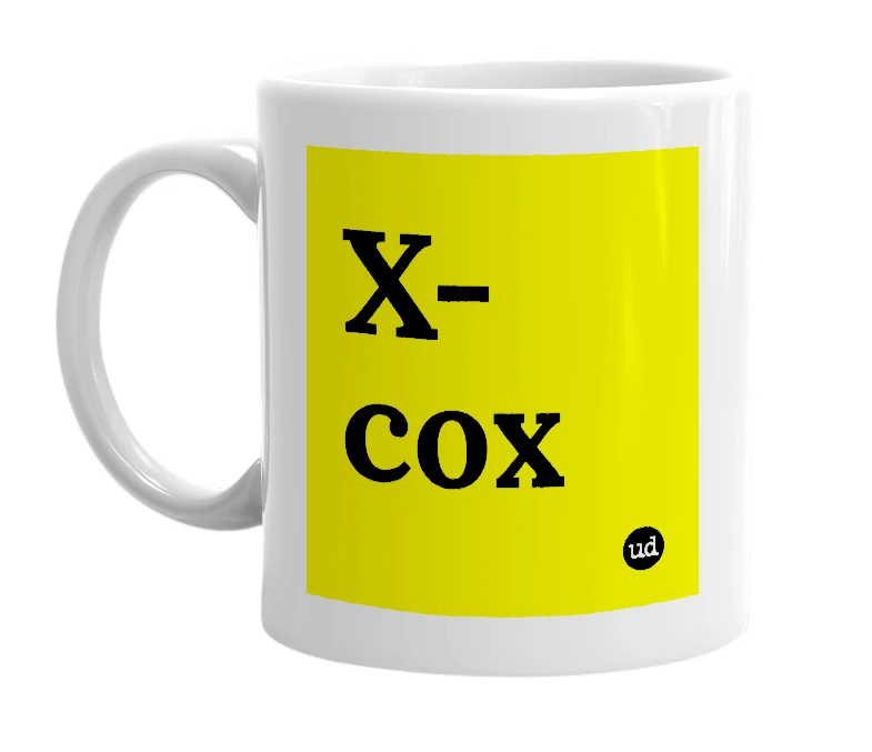 White mug with 'X-cox' in bold black letters