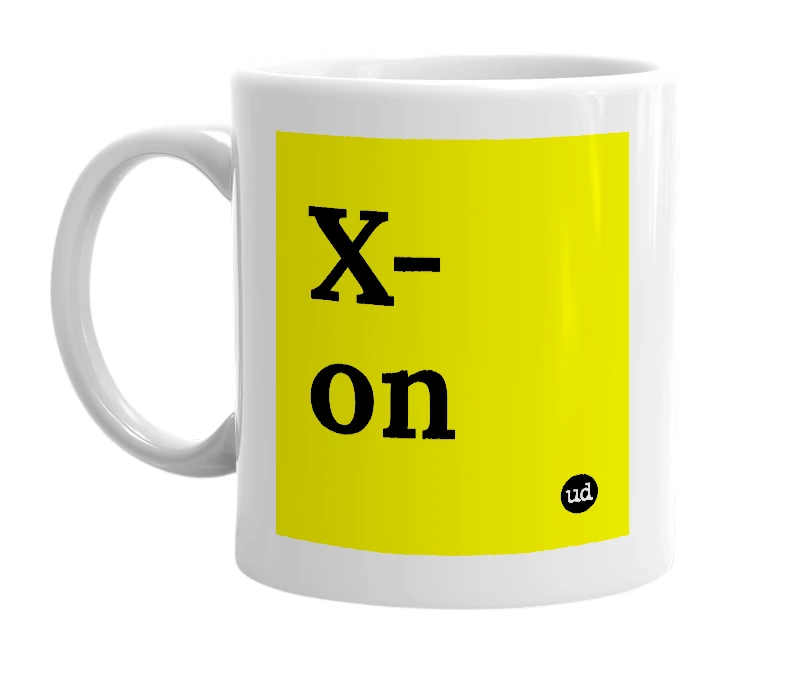 White mug with 'X-on' in bold black letters