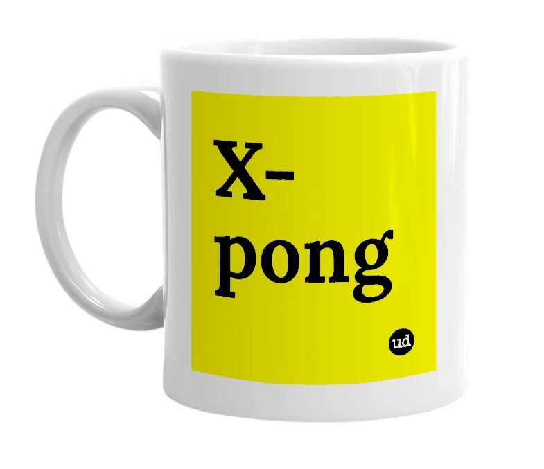 White mug with 'X-pong' in bold black letters