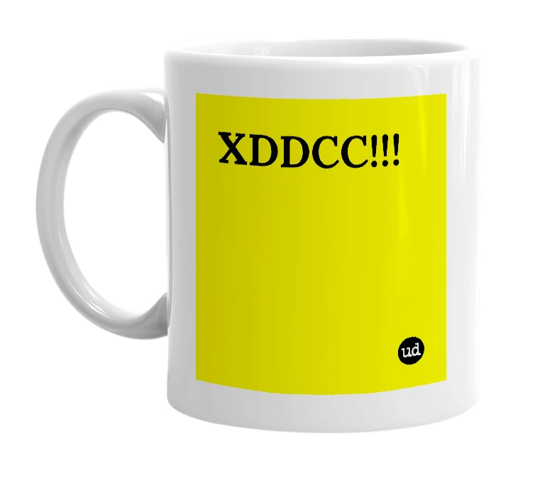 White mug with 'XDDCC!!!' in bold black letters