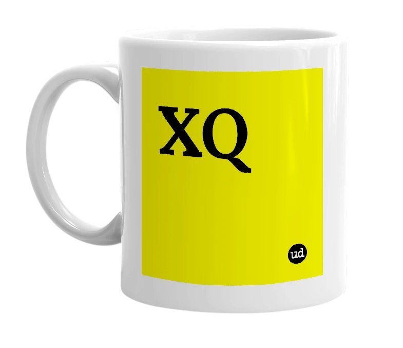 White mug with 'XQ' in bold black letters