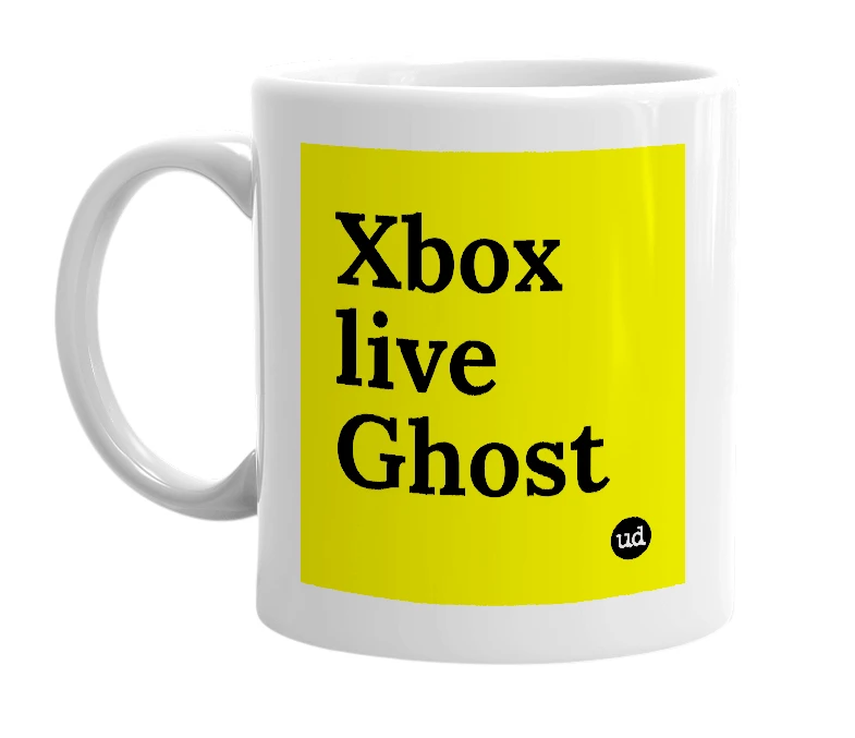 White mug with 'Xbox live Ghost' in bold black letters