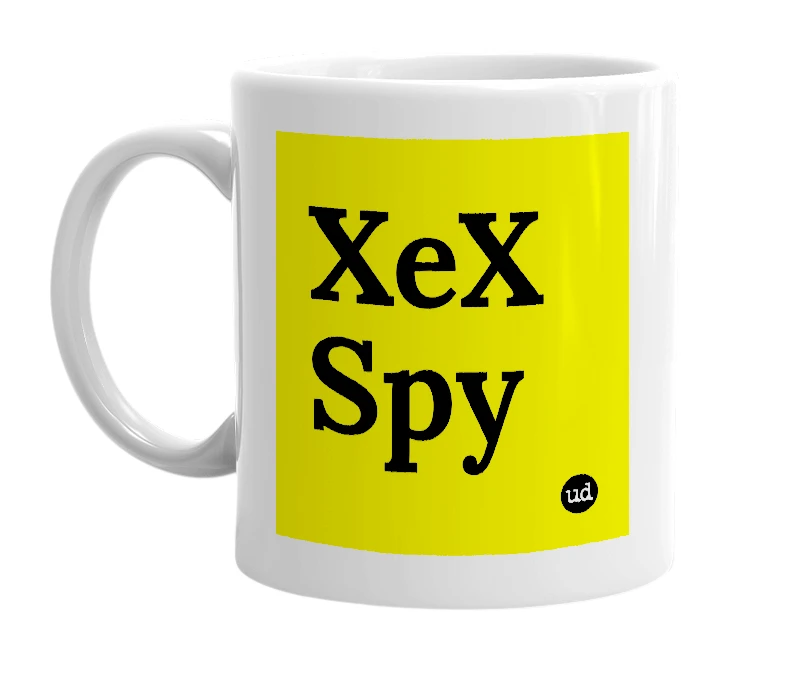 White mug with 'XeX Spy' in bold black letters