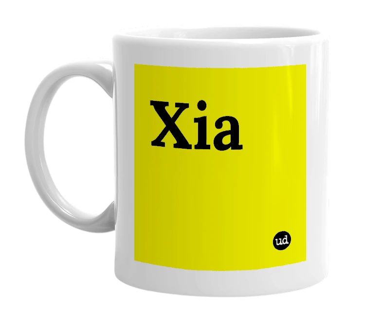 White mug with 'Xia' in bold black letters