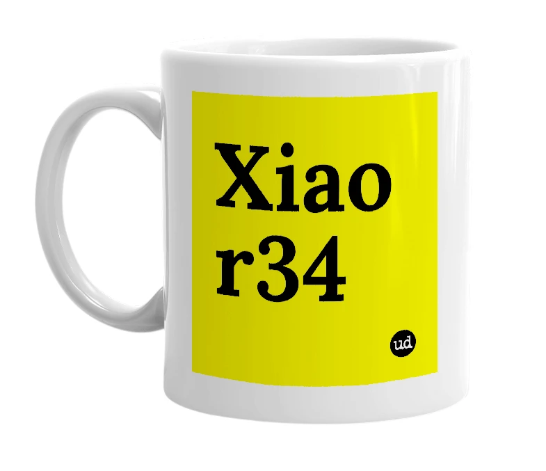 White mug with 'Xiao r34' in bold black letters