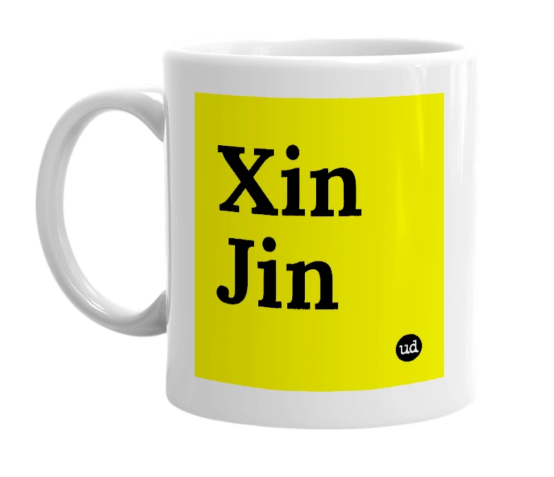 White mug with 'Xin Jin' in bold black letters