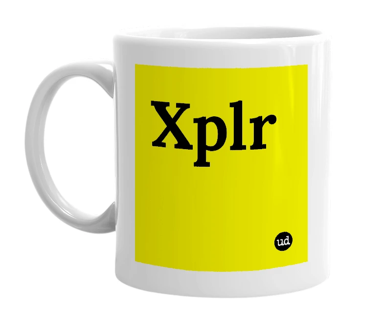 White mug with 'Xplr' in bold black letters