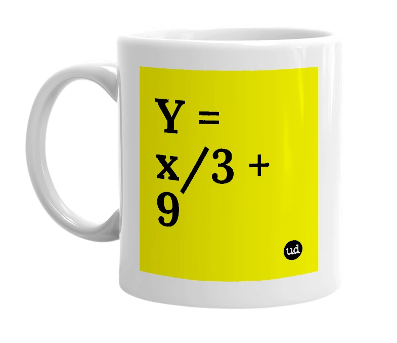 White mug with 'Y = x/3 + 9' in bold black letters