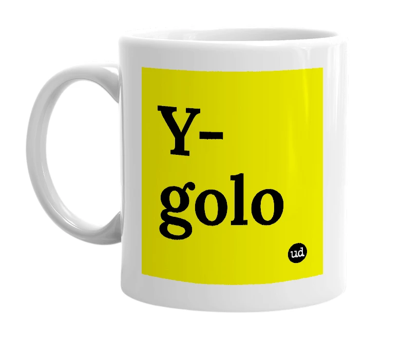 White mug with 'Y-golo' in bold black letters