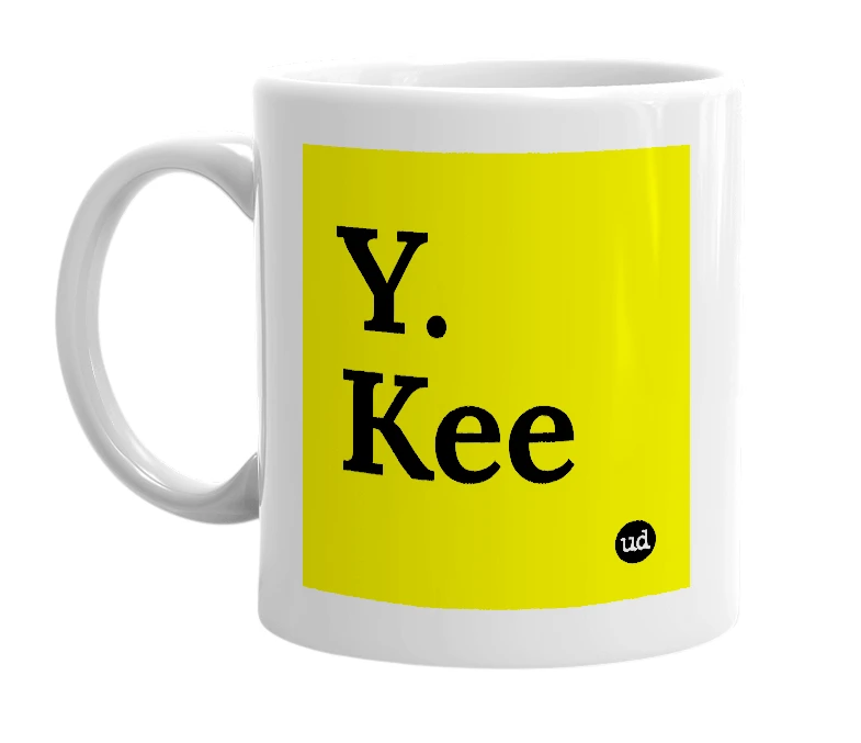 White mug with 'Y. Kee' in bold black letters
