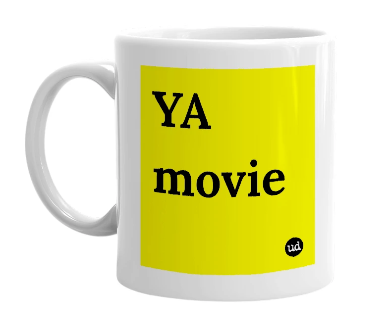 White mug with 'YA movie' in bold black letters