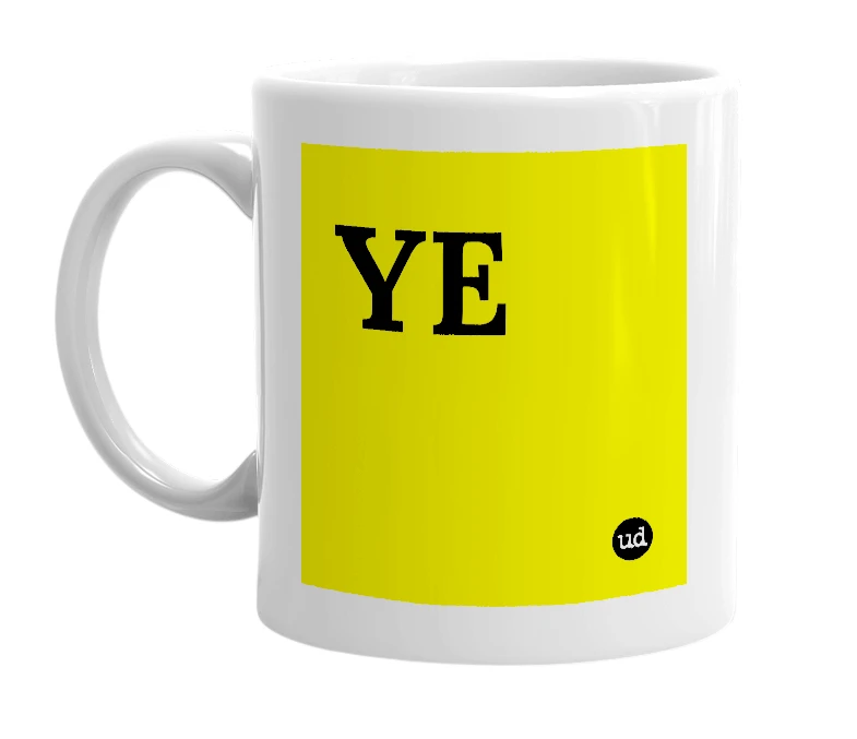 White mug with 'YE' in bold black letters