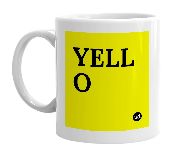 White mug with 'YELL O' in bold black letters