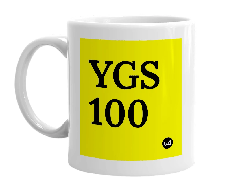 White mug with 'YGS 100' in bold black letters