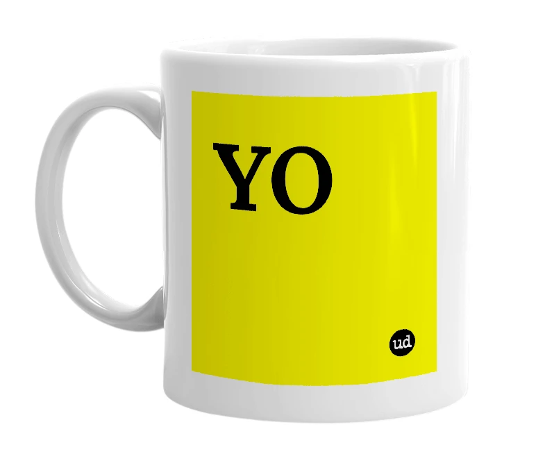 White mug with 'YO' in bold black letters