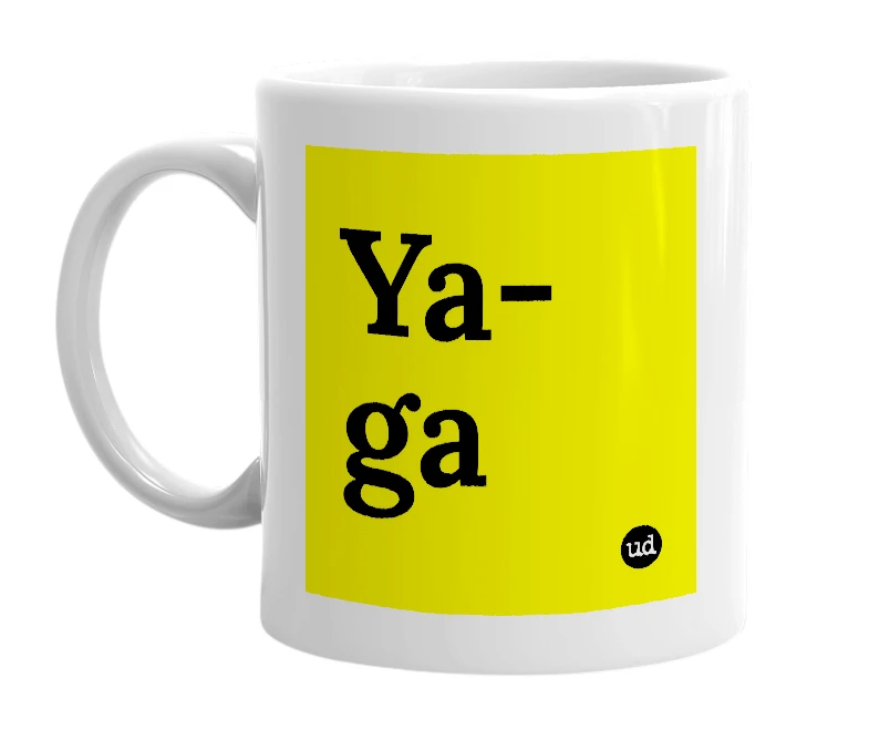 White mug with 'Ya-ga' in bold black letters