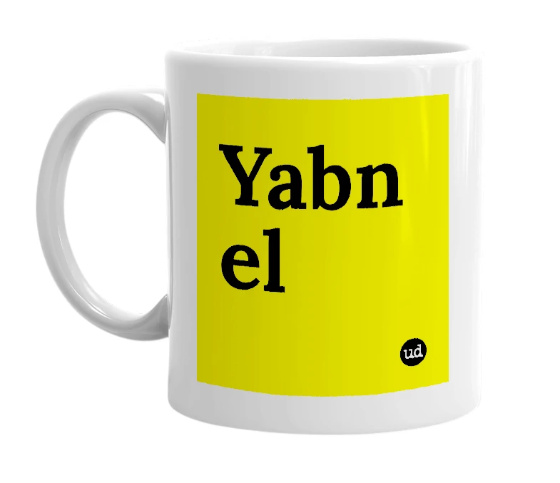 White mug with 'Yabn el' in bold black letters