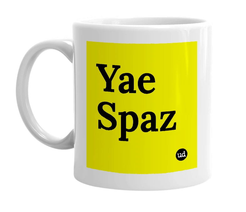 White mug with 'Yae Spaz' in bold black letters